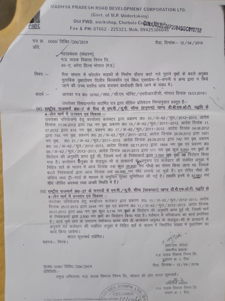 रीवा हनुमना फोरलेन सड़क वृक्षारोपण मामले में सम्भागीय प्रबंध म.प्र.सड़क सम्भाग क्र.1 रीवा ने दी गलत जानकारी